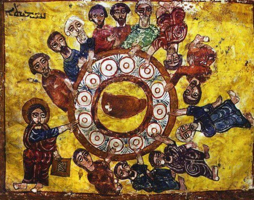 Old painting of royals gathered around a meal